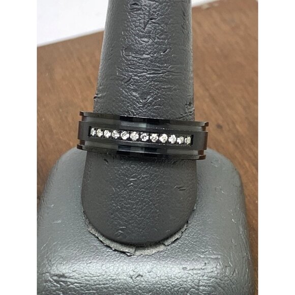 Men's Wedding Band Black Stainless Steel Diamond 7mm Wide Ring Size 8.25 - Picture 7 of 13